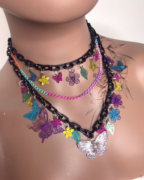 Black & Rainbow Butterfly Charm Necklace