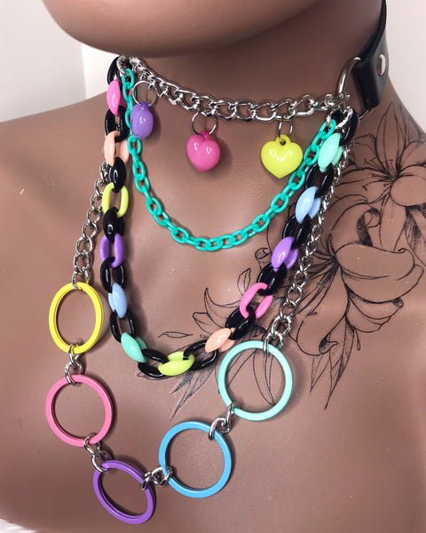 Rainbow & Silver Layered Necklace Choker