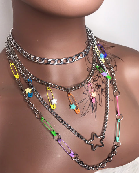 Rainbow Safety Pin Layered Necklace