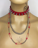 Red Spiked Choker Layered Necklace
