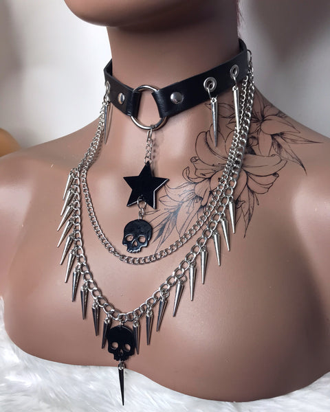 Black & Silver Spiked Layered Choker Necklace
