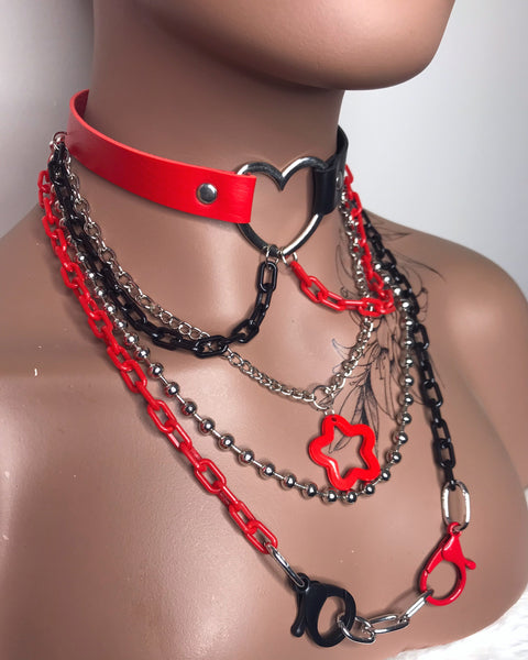 Red, Black & Silver Layered Necklace